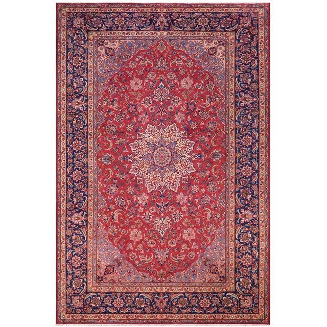 Shabby Chic Persian Kashan Red/Blue Wool Rug - 9'8'' X 13'2'' For Sale - Image 9 of 10