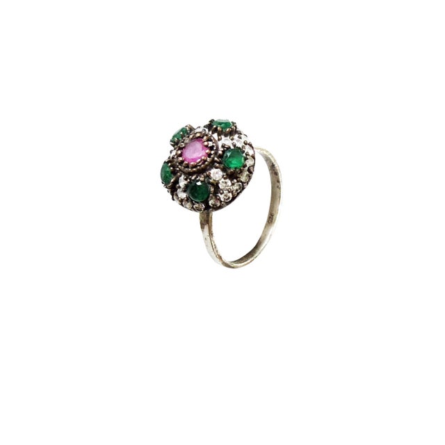Vintage Natural Ruby, Emerald & Diamond Ring - 925 Sterling Silver Size 7 Jaipur For Sale - Image 9 of 10