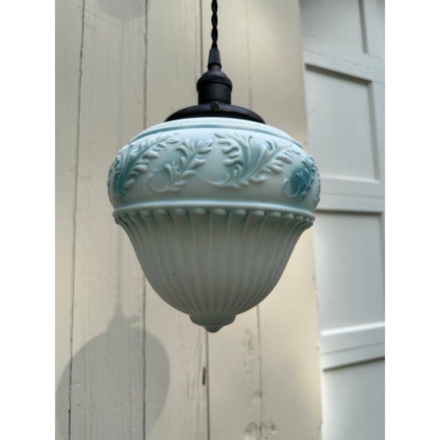 Antique Brass Hanging Fixture With Vintage Glass Shade For Sale In New York - Image 6 of 9