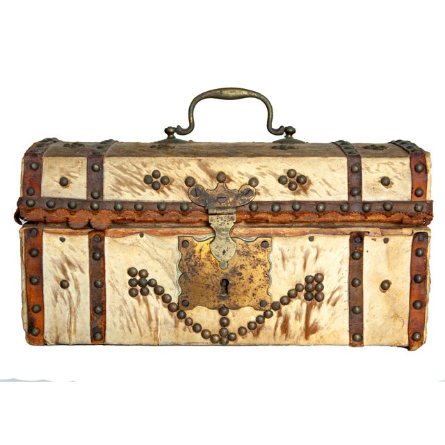 A Unique European Antique Handmade Box. Made of hide,metal and metal handle. It has that worldly traveller Vibe.