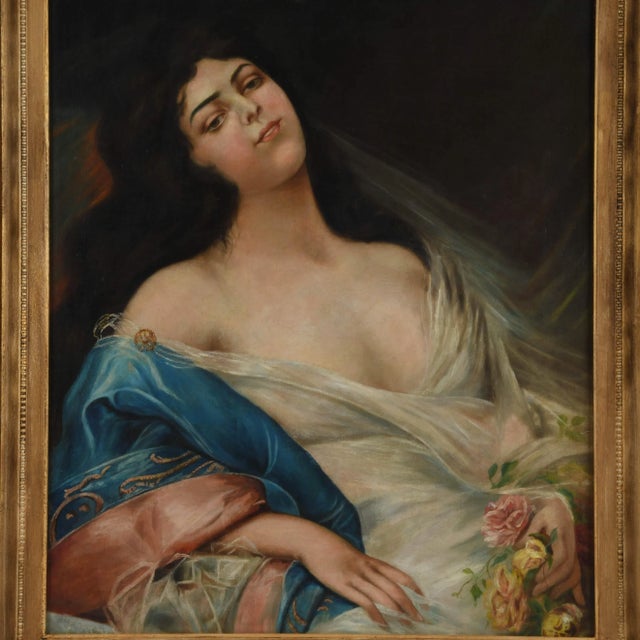 This Antique Framed "Leisurely Portrait" Oil on Canvas features a romanticized depiction of a dark-haired woman lounging...