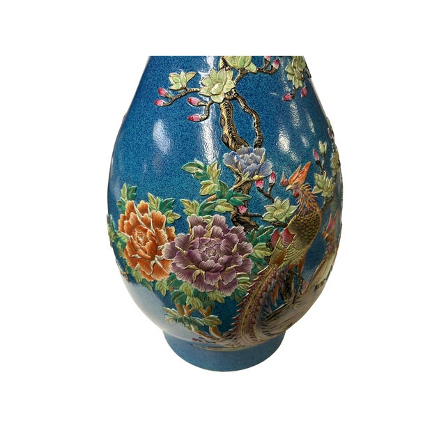 Ceramic Oriental Bright Blue Glaze Color Flower Bird Ceramic Art Vase For Sale - Image 7 of 7