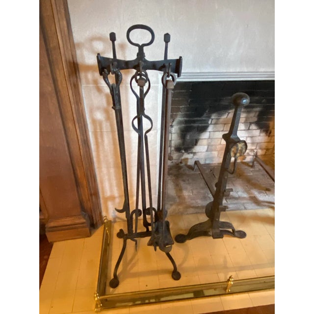 Black Antique 19th Century Traditional Large Hand Forged Iron Fireplace Tools - 6 Piece Set For Sale - Image 8 of 11