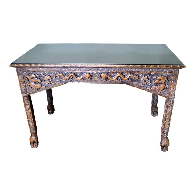 Long Chinoiserie Carved Console Table For Sale