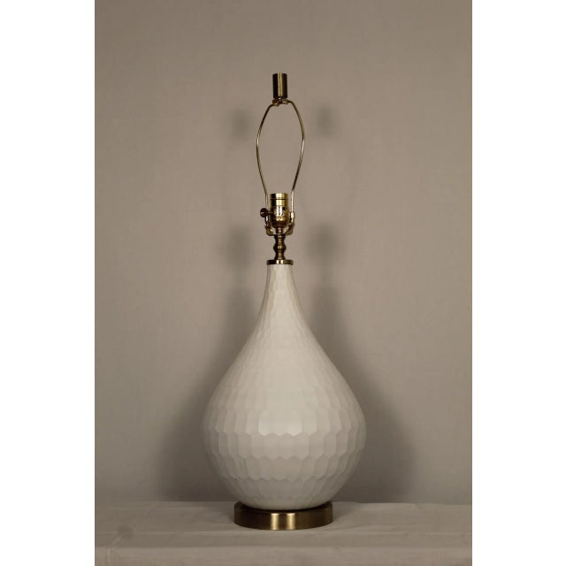 Beautiful Murano Due style lamp. Graceful pair shape. consisting of etched cream color Murano glass. Brushed brass...