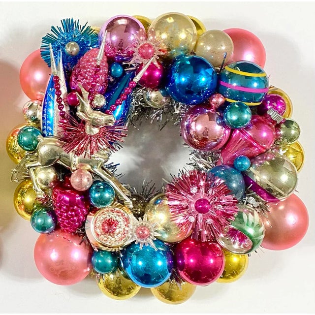 Pair of Handmade Christmas Wreaths With Vintage Glass Ornaments & Reindeer For Sale - Image 4 of 12