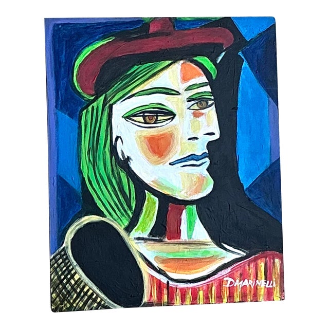Vintage Cubist Original Oil Portrait on Board For Sale