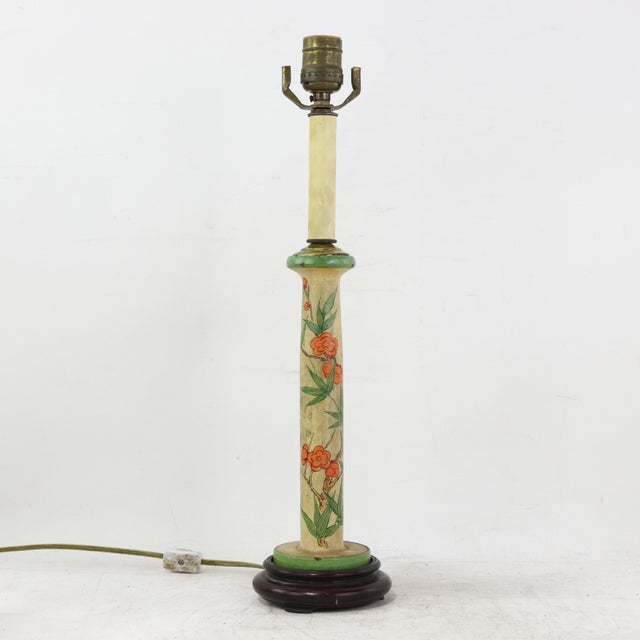 Wood Vintage Hand-Painted Candlestick Lamp With Chinoiserie Floral and Bamboo Motif For Sale - Image 7 of 11