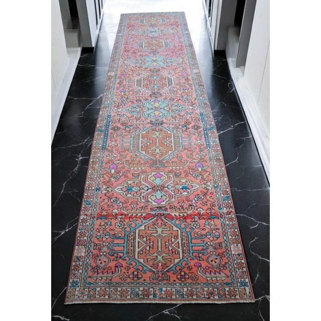 Boho Chic Hand Knotted Kurdish Tribal Runner Rug Low Pile Hallway Decor For Sale - Image 3 of 11