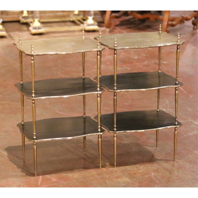 Late 19th Century Pair of Napoleon III French Brass and Black Lacquer Three-Tier Side Tables For Sale - Image 5 of 11