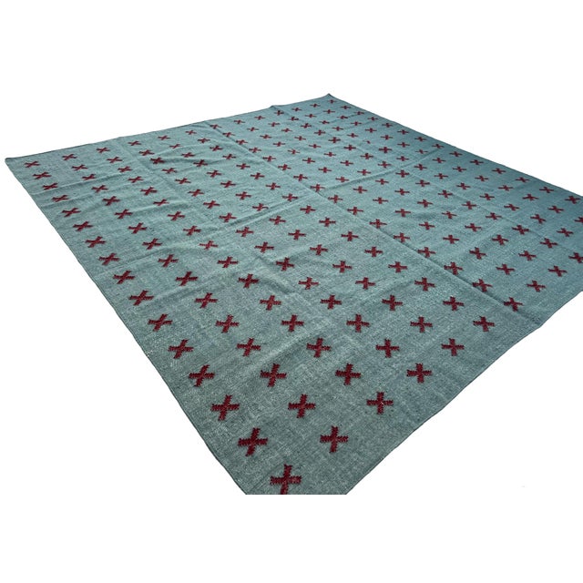 Not Yet Made - Made To Order Handmade New Zealand Wool Dhurrie, Turquoise Blue and Burgundy Cross Patterned Rug- 8'x10' For Sale - Image 5 of 13