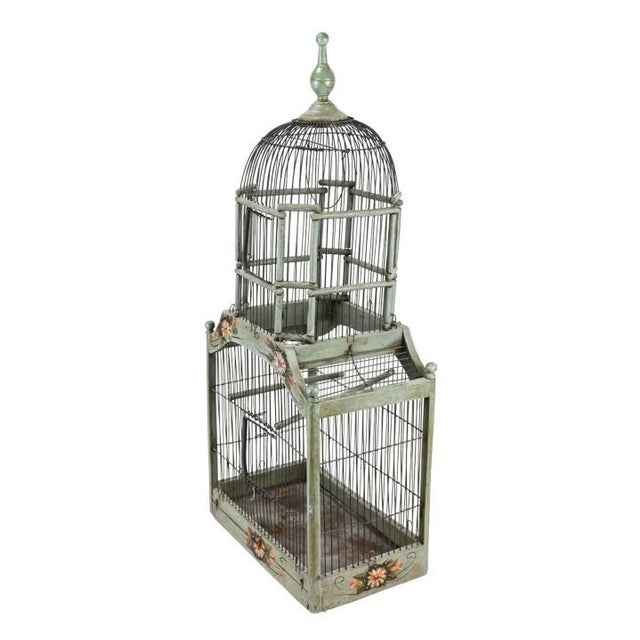 Antique Hand Painted Celadon Green French Provincial Dome Birdcage For Sale - Image 4 of 10