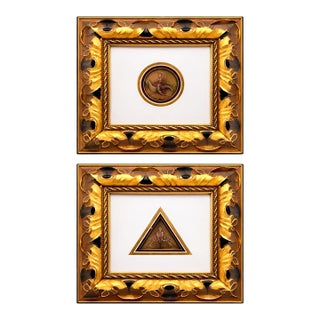 Art Deco Pair of Erté Limited Edition Bronze Medallions in Gold & Black Gilt Frames For Sale