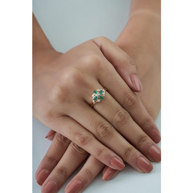 Art Deco 14k Yellow Gold Zambian Emerald & Diamond Floral Vintage Ring Size 6.5 For Sale - Image 3 of 16