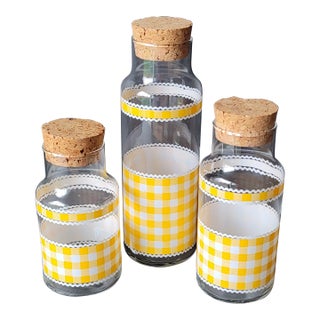 Vintage Libbey Calico Yellow Gingham Check Glass Canister With Cork Lids Set of 3 For Sale