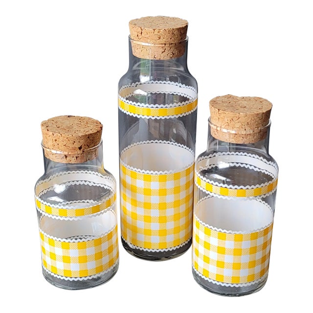 Vintage Libbey Calico Yellow Gingham Check Glass Canister With Cork Lids Set of 3 For Sale