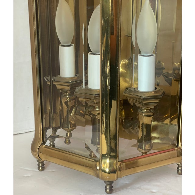 Pair of Heavy Pagoda, Bronze & Beveled Glass Three Lights Wall Lanterns For Sale - Image 9 of 12