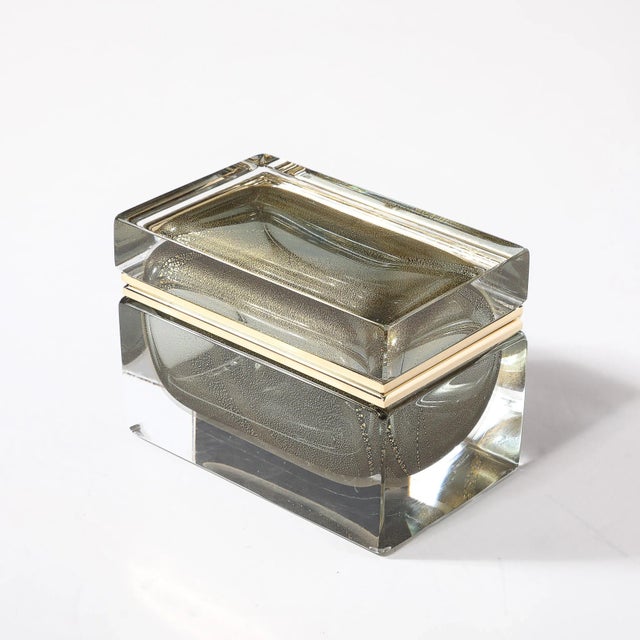 Mint Modernist Hand-Blown Murano Glass Box in Muted Green W/ 24 Karat Gold & Brass For Sale - Image 8 of 17