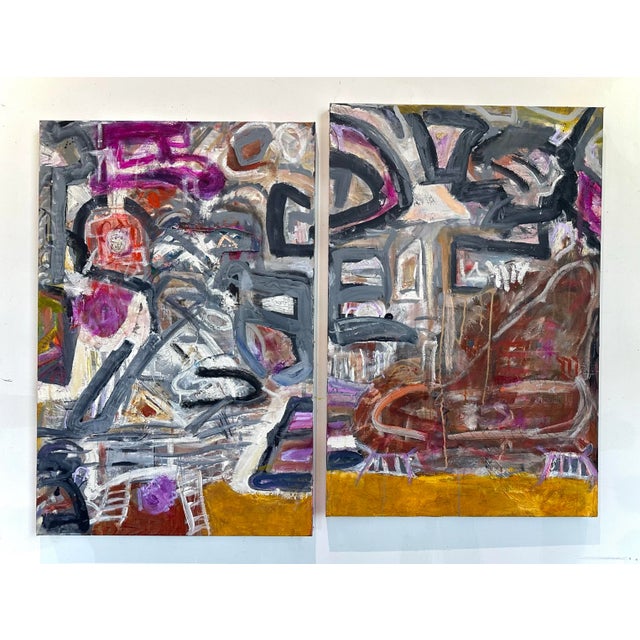 A full and dense abstract painting by artist Roderick Coles. The 2 panel diptych work is mainly performed in acrylic with...