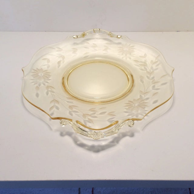 American Yellow Floral Etched Lancaster Platter 1930's For Sale - Image 3 of 12