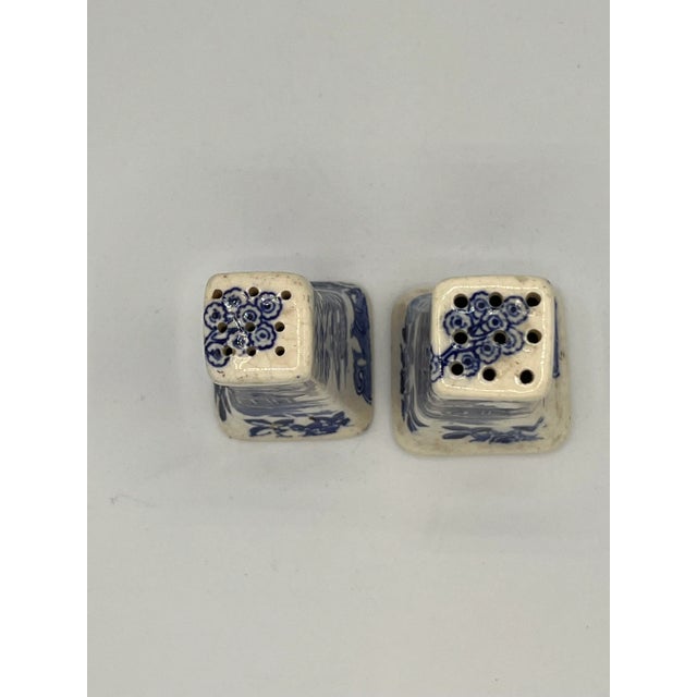 1930s Vintage Blue and White Ceramic Salt and Pepper Shakers, Stamped "Blue Willow" Japan For Sale - Image 5 of 8