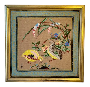 Early 20th Century Asian Pheasant Bird Motif Needle Point Wall Art Framed