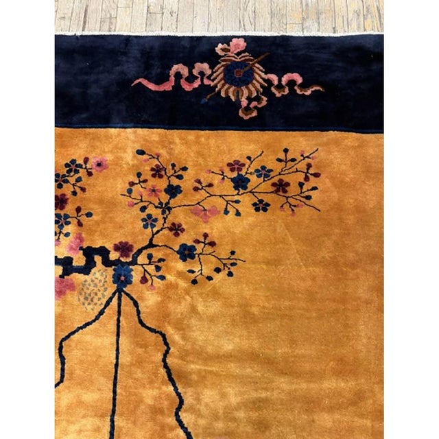 Textile 1920s Gold Field Vase Spray Flowers Shou Symbols Antique Chinese Art Deco Rug For Sale - Image 7 of 9