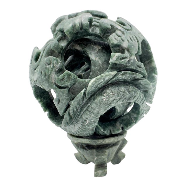 Mid 20th Century Green Soap Stone Puzzle Ball Hand Carved Chinese 4 Layers With Stand and Box For Sale