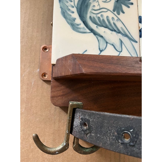 Wood Antique Pot Holder or Coat Rack With 4 Delft Like Blue and White Tiles - Handmade and Mounts on Wall For Sale - Image 7 of 13