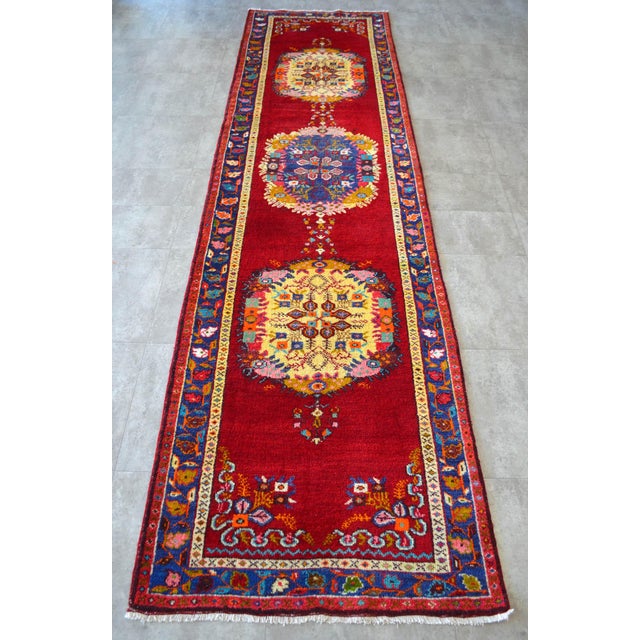 1950s Hand-Knotted Turkish Runner Rug Bold Colors Tribal Hallway Decor Lady Bug Pattern Unused - 3'4" X 13' For Sale - Image 10 of 17