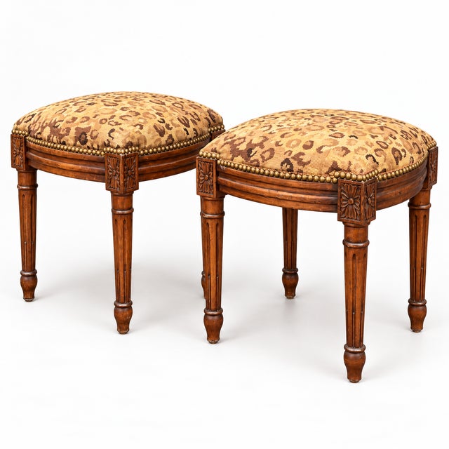 1980s French Style Carved Fruitwood Ottomans Stools in Needlepoint Leopard - Pair For Sale - Image 5 of 7