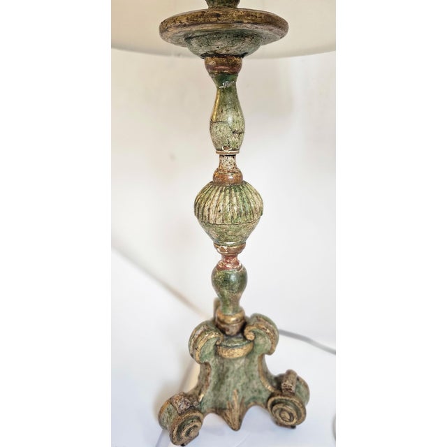 Large Antique Celadon Green & Gilded Candlestick Table Lamps -a Pair For Sale - Image 4 of 13