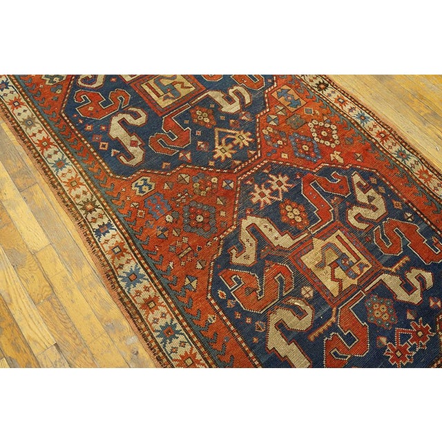 Blue 1900s Red Geometric Antique Caucasian Chondzoresk Kazak Rug 3' 6"x7' 9" Handknotted Wool Carpet For Sale - Image 8 of 18