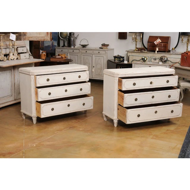 Beige Swedish Gustavian Style 1850s Painted Wood Chests with Carved Motifs - A Pair For Sale - Image 8 of 12