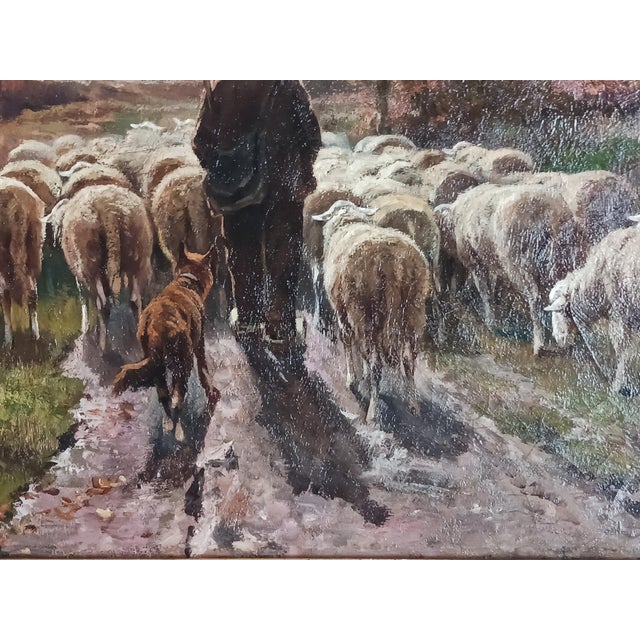 19th C. European Landscape Oil Painting With Sheep Herd and Shepherd, Luminous For Sale - Image 10 of 14