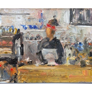 Can I Help You by Clyde Steadman | Oil Painting of a figure at a counter in a café setting For Sale