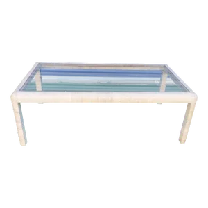 Vintage Rattan Wrapped Glass Top White Wash Rectangular Coastal Coffee Table