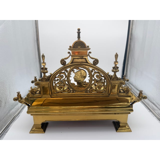Late 19th Century Ornate Neoclassical Style Brass Double Inkwell Desk Set - "Minerva" & "Medusa" For Sale In New York - Image 6 of 16