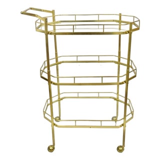 Mid 20th Century Italian Modern Brass and Glass 3 Tier Rolling Bar Cart Serving Table For Sale