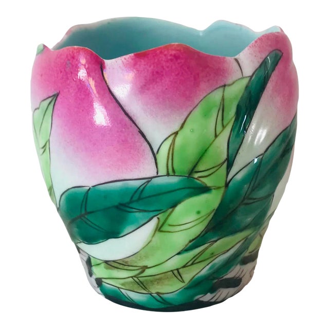 Vintage Mid Century Chinese Famille Rose Longevity Peach Porcelain Cup For Sale