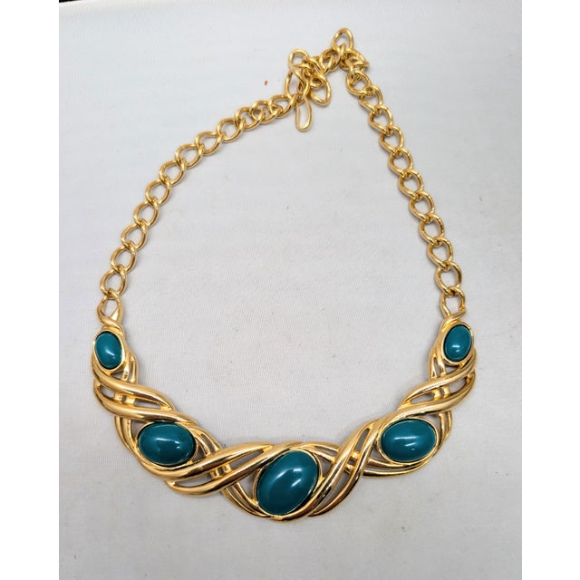 1990s Vintage 1990s Signed Monet Goldtone Cabochon Faux-Green Jasper Collar Necklace For Sale - Image 5 of 9