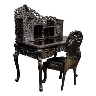 Heavily Carved Antique Japanese Black Lacquer Desk & Chair For Sale