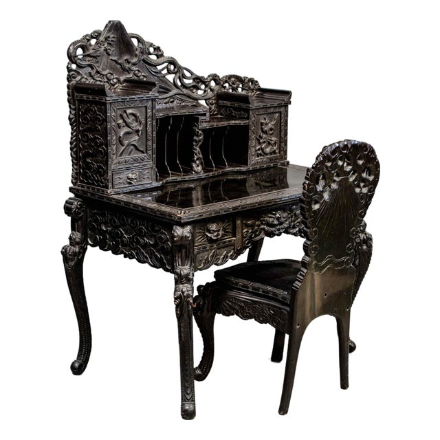 Heavily Carved Antique Japanese Black Lacquer Desk & Chair For Sale