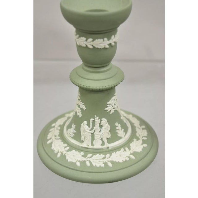 Mid 20th Century Wedgwood Green Jasperware White Cameo Candlestick Holders - a Pair For Sale - Image 9 of 9