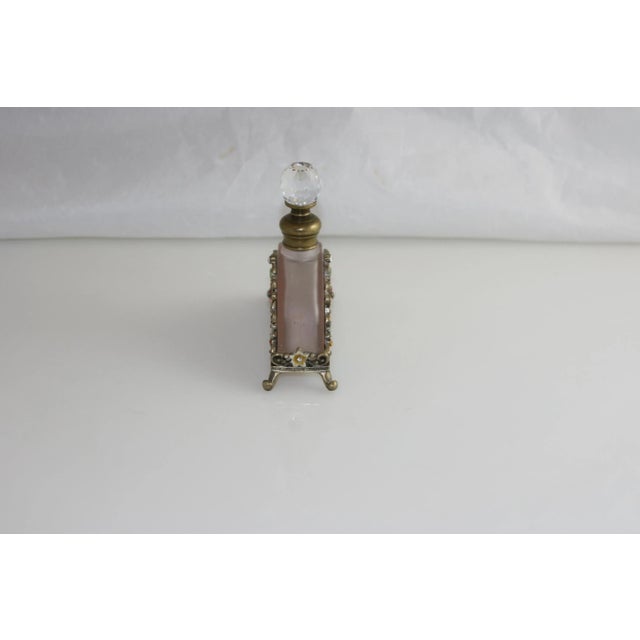 Vintage 1960s Brass Filigree Lavender Glass Jewel & Enamel Footed Perfume Bottle For Sale - Image 4 of 10