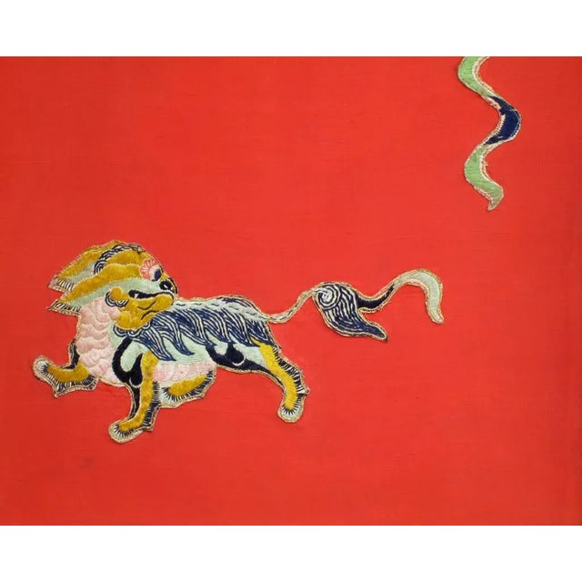 Asian Antique Antique Chinese Foo Dog Playing Fireball Embroidery Wall Decor For Sale - Image 3 of 5