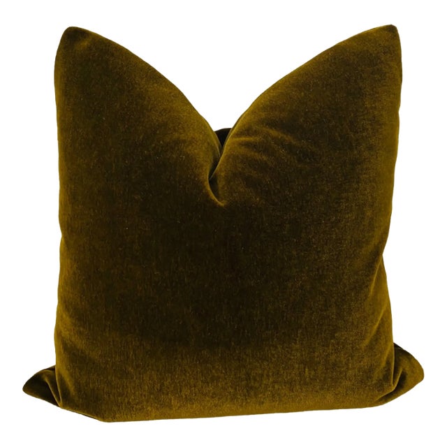 Plush 24" Olive Brown Down Filled Mohair Pillow For Sale