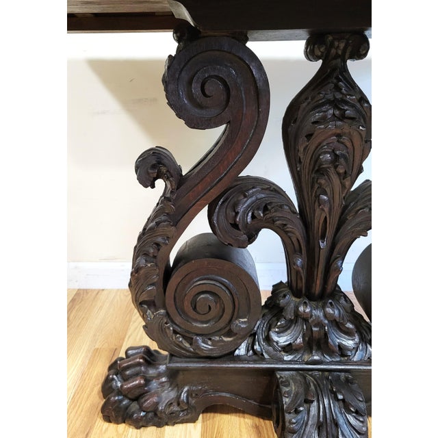 Antique American Carved Oak "Fleur-De-Lis" Base Renaissance Library Center Table For Sale - Image 9 of 13