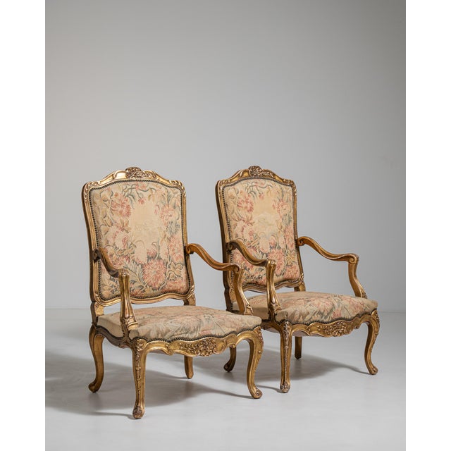 Pair of Louis XV Giltwood Armchairs with Tapestry Upholstery, Rococo Style, France, 19th Century For Sale - Image 9 of 12