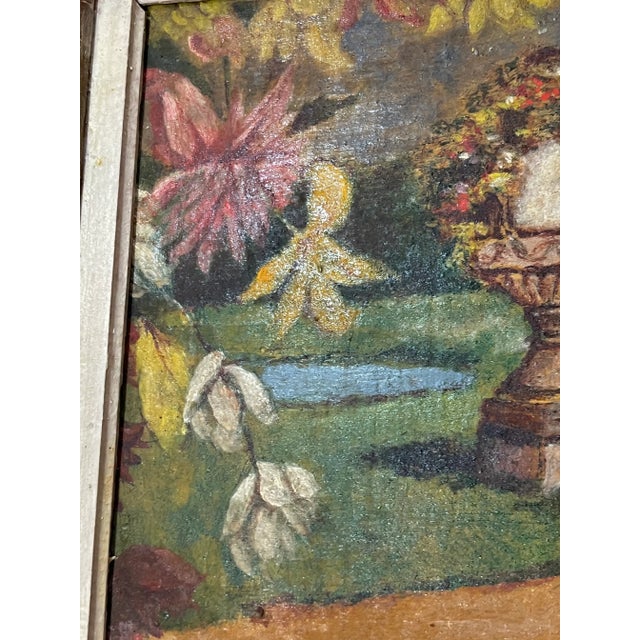 Antique French Chateau and Garden Landscape Painting Folk Art Frame Oil on Board For Sale - Image 15 of 15